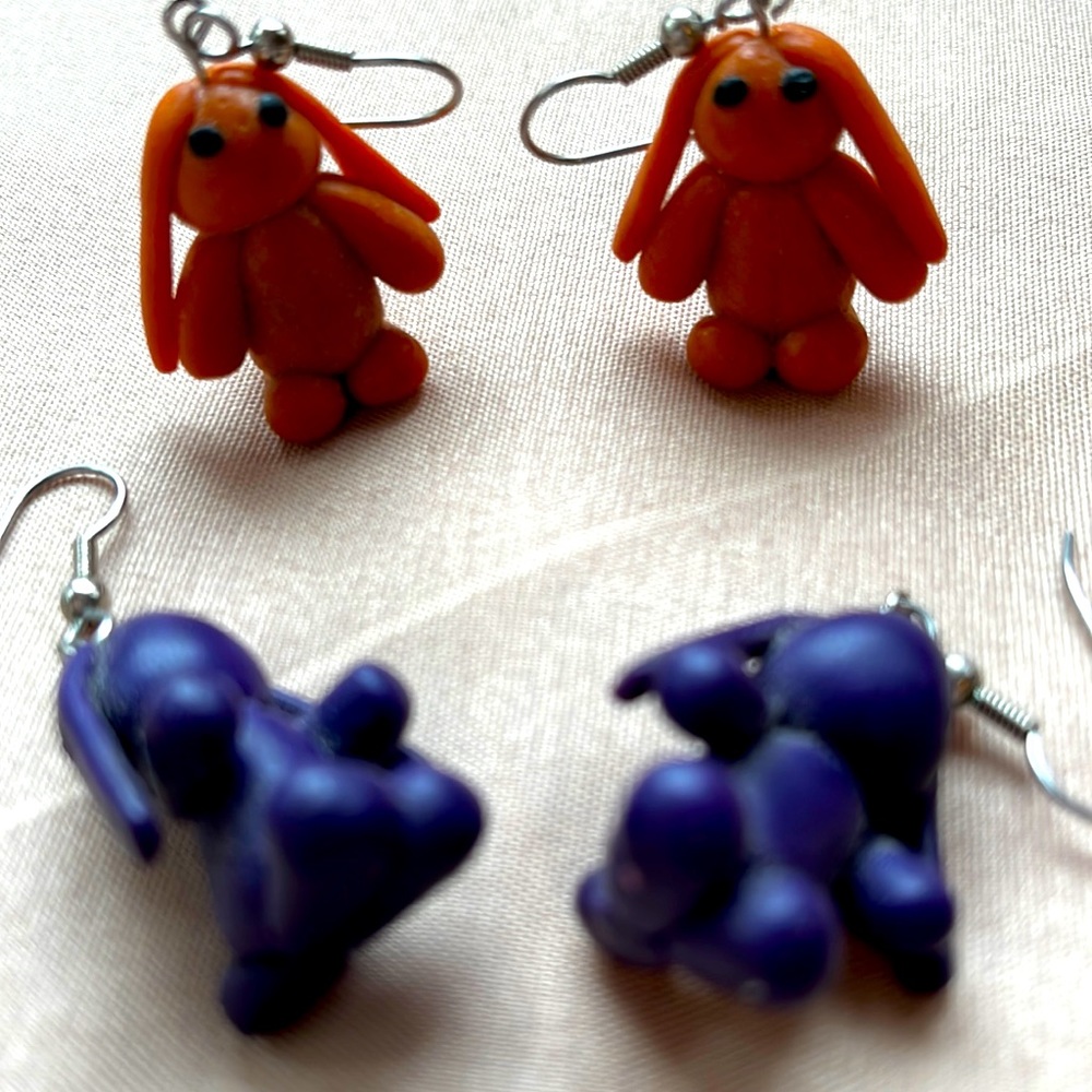 Homemade bunny earrings, 2”, sold as set,good condition, great for Easter
